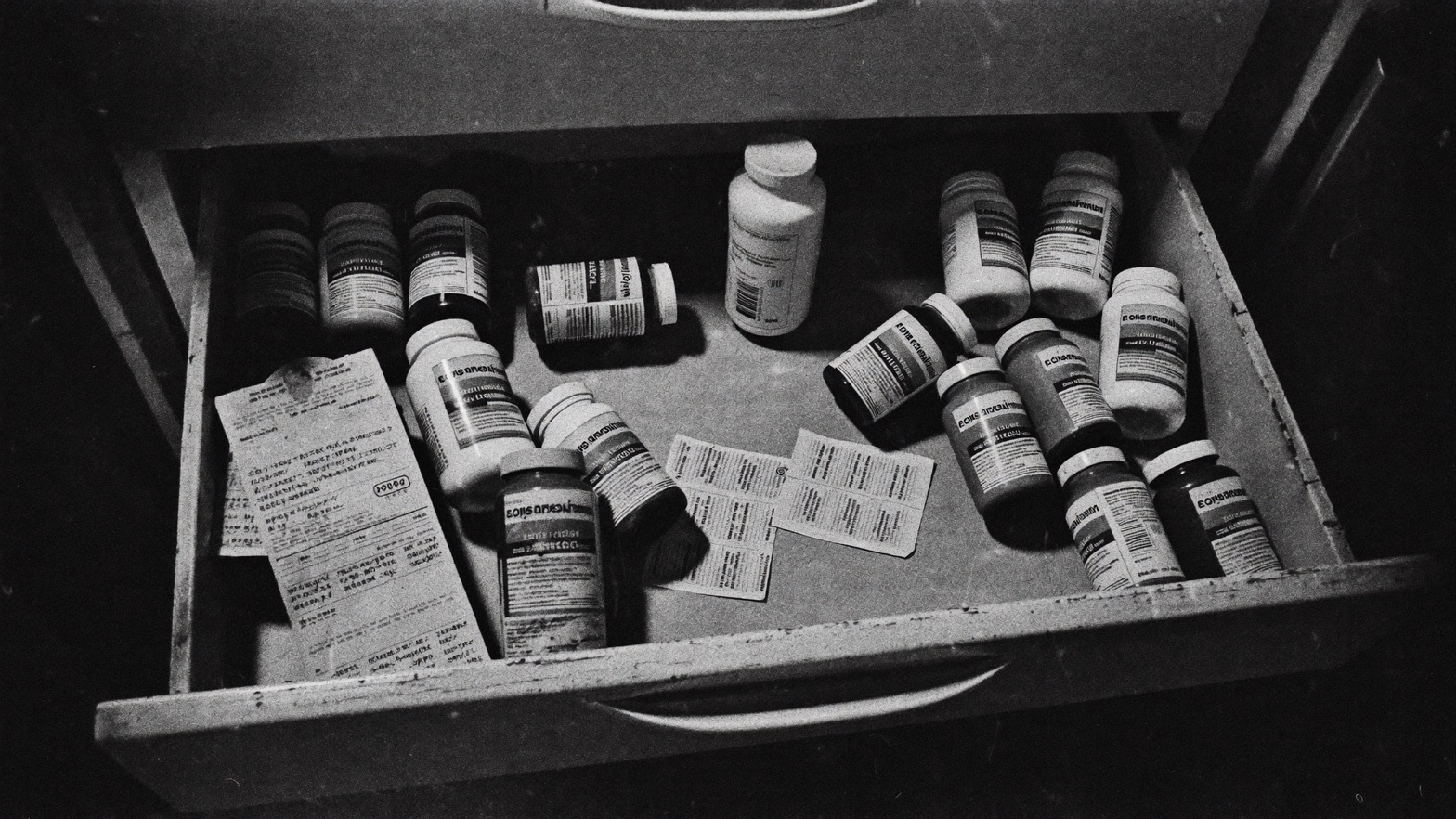 A kitchen drawer full of half-used supplement bottles