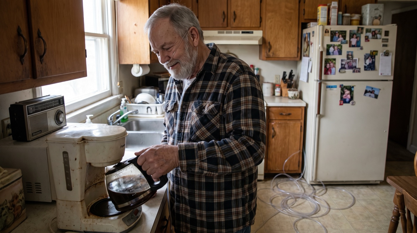 A man adding his drops to water while the morning coffee brews