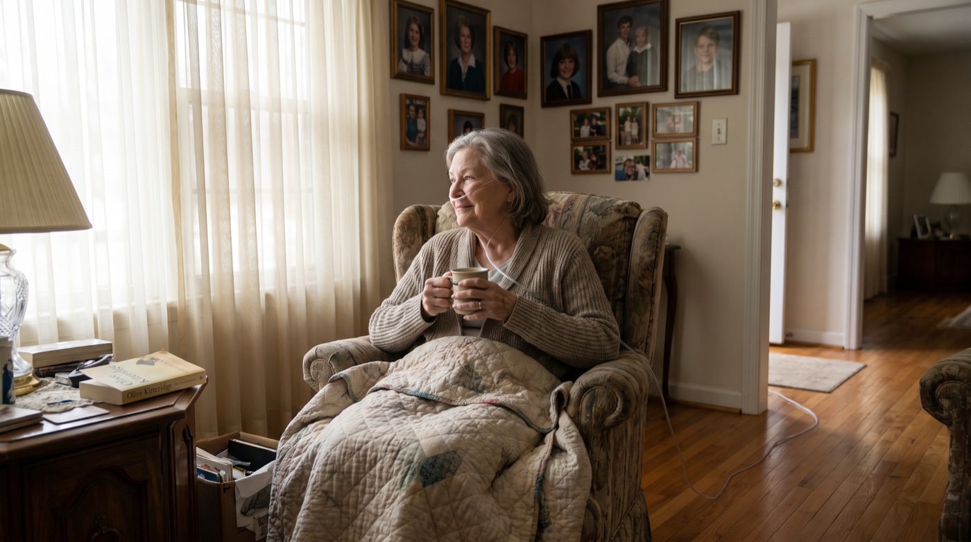 A woman enjoying a quiet, unhurried morning in her armchair by the window